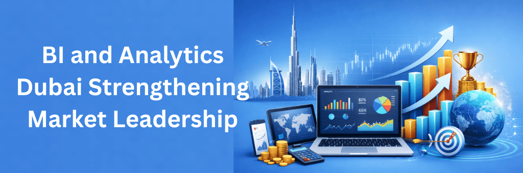 Dubai skyline with business analytics dashboard, bar charts, globe, trophy and growth arrows on blue background