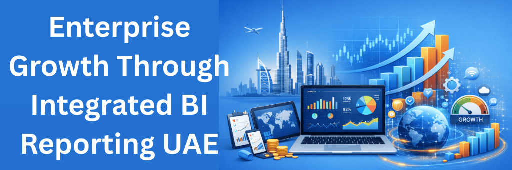 Integrated BI reporting dashboard with UAE skyline, connected devices, growth charts and digital data visualization.