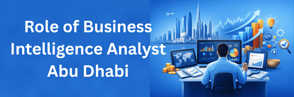 Business intelligence analyst reviewing data dashboards with Abu Dhabi skyline and growth charts on blue background